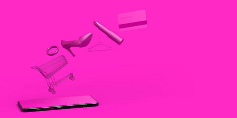 Online shopping concept with smartphone. Banner. Shopping cart, lipstick, high heel shoe, credit card ... 3D illustration.