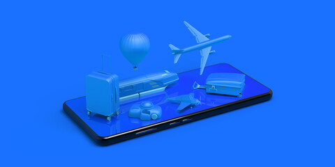 Travel concept with smartphone. Banner. Plane, train, suitcase, camera, balloon ...