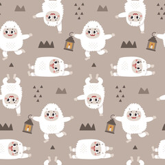 Christmas winter vector cute seamless pattern with Yeti characters, Bigfoot, stones, a warming candle, lantern in scandinavian trendy Boho style