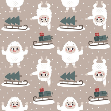 Fototapeta Christmas wild winter vector cute seamless pattern with Yeti characters, Bigfoot, stones, sleigh, christmas tree, gifts in scandinavian Boho style