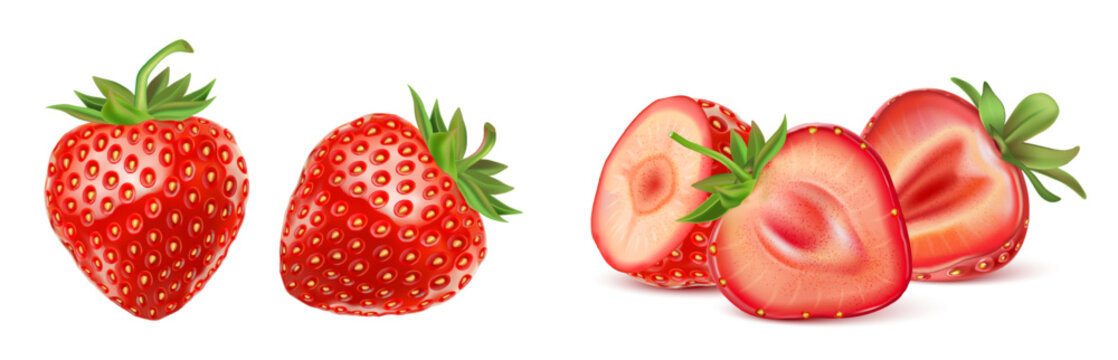 Strawberry fruits with strawberries slice of pieces element in the middle on white background. Realistic vector in 3D illustration.