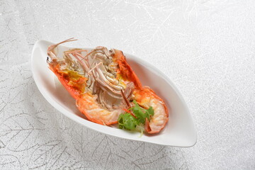 freshly steamed big tiger prawn seafood with egg white in chinese herbal wine sauce asian halal healthy menu