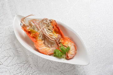 freshly steamed big tiger prawn seafood with egg white in chinese herbal wine sauce asian halal healthy menu