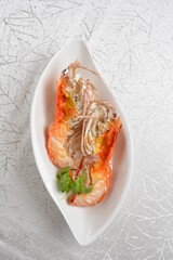 freshly steamed big tiger prawn seafood with egg white in chinese herbal wine sauce asian halal healthy menu