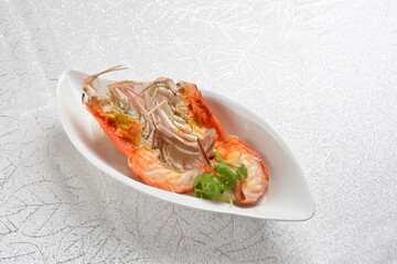 freshly steamed big tiger prawn seafood with egg white in chinese herbal wine sauce asian halal healthy menu