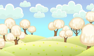 Fabulous sweet forest. Ice cream, drips of white milk cream. Clouds. Trees with chocolate trunks. Cute hilly landscape for children. Beautiful fantastic illustration. Vector
