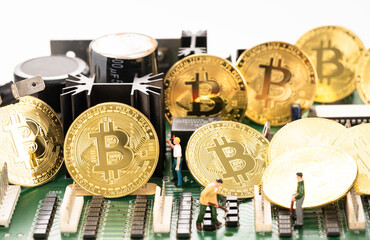 Miners mining Bitcoin on a motherboard 