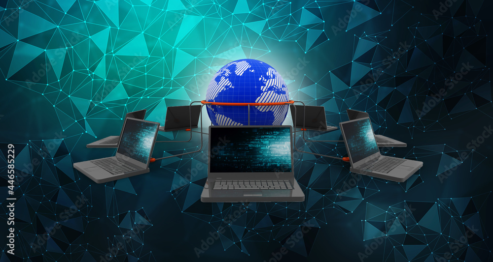 Poster computer network with globe. 3d illustration