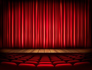 Theater Stage With Red Curtain Seats
