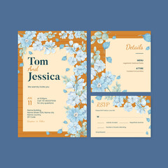 Wedding Card Template With Blue Flower Peaceful Concept Watercolor Style
