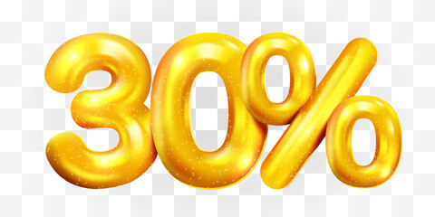 30 percent Off. Discount creative composition of golden balloons. 3d mega sale or thirty percent bonus symbol on transparent background. Sale banner and poster.