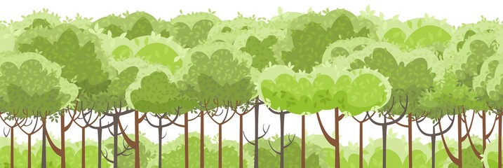 Obraz premium Thin young trees and bushes. Forest. level green rural hills. A beautiful and graceful landscape. Seamless, Isolated on white background. Flat style. Cartoon design. Vector