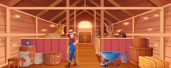 Cartoon stable with horses and woman stableman. Interior of barn or countryside building for animals. Farm house inside view. Wooden ranch with stalls, equines, paddocks, haystacks and girl farmer. - obrazy, fototapety, plakaty