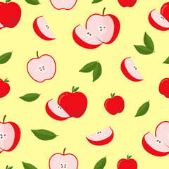 Seamless pattern with red and green apple and leaves on yellow background.