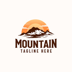 Vintage Sunrise Mountain Pine Tree Evergreen Tree for Outdoor Adventure Logo Design Template Isolated in White Background