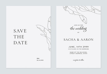 Minimalist foliage wedding invitation card template design, banana leaves line art on light brey