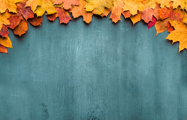 Autumn maple leaves on ancient texture. Falling leaves natural background. Seasonal background.