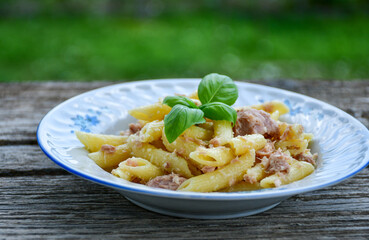  Italian home made   penne pasta  with  tuna  fish, parmesan cheese and black pepper .