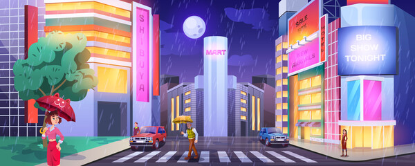 Rain in dark city. People at crosswalk with cars. Paddles with umbrellas crossing road. Wet and rainy weather in night town cartoon vector with hotel, shops or cafe illuminated buildings facades.