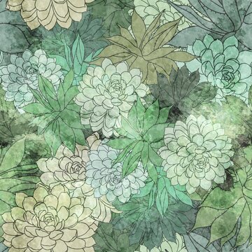 Abstract Colorful Textured Succulents Cactus Pattern Seamless Background
