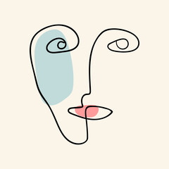 Abstract surrealistisch gezicht met één regel. Vector illustratie. Eenvoudige menselijk hoofdschets. Digitaal gemaakte tekening in minimalistische stijl.