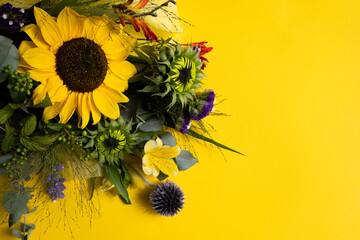 Fresh sunflowers in bouquet with copy space