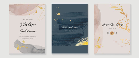 Abstract art background vector. Luxury invitation card background with golden line art flower and botanical leaves, Organic shapes, Watercolor. Vector invite design for wedding and vip cover template.