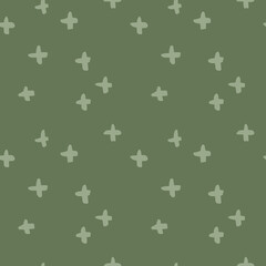 Hand drawn vector seamless pattern with crosses. Realistic painted brush strokes ornament in earth green color. - 446588045
