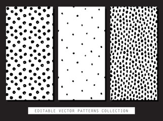 Collection of hand drawn vector seamless patterns. Realistic painted brush strokes ornament tiles in black and white colors.
