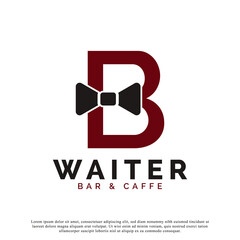 Initial Letter B Waiter Bow Tie Hotel Restaurant Logo Design. Waitress Vector Logo Template.