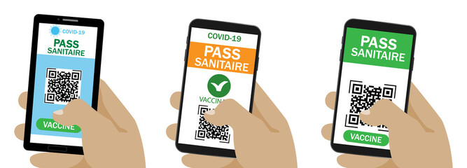 Pass sanitaire. Qr code.Covid 19 passport.Vector immunity passport .Vaccine or immune passport.Set of hand holding smartphone with pass sanitaire