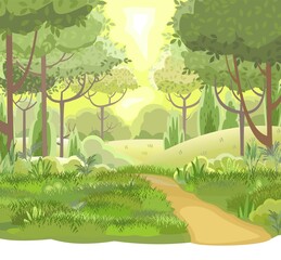 Road. Amusing beautiful forest landscape. Cartoon style. Foliage. The path through the hills with grass. Trail. Cool romantic pretty. Flat design illustration. Vector art