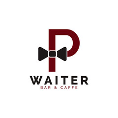 Initial Letter P Waiter Bow Tie Hotel Restaurant Logo Design. Waitress Vector Logo Template. - obrazy, fototapety, plakaty