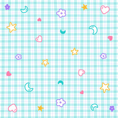 Outline Confetti Cute Ornament Element Heart Star Flower Moon Rainbow Pastel Gingham Pattern Background Editable Stroke Cartoon Vector Illustration Cloth, Mat, Fabric Pattern, Textile, Scarf, Wrapping