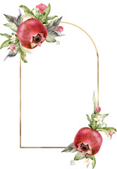 Watercolor pomegranate botanical illustration. Jewish new year greeting card, Pomegranate fruit frame for fall wedding, baby shower, Red fruits clipart