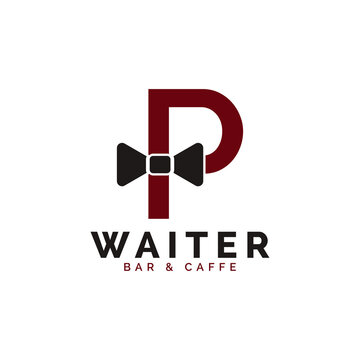 Initial Letter P Waiter Bow Tie Hotel Restaurant Logo Design. Waitress Vector Logo Template.