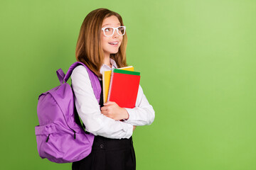 Profile side view portrait of pretty cheerful dreamy intelligent girl holding materials copy space...
