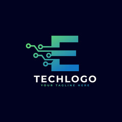 Tech Letter E Logo. Futuristic Vector Logo Template with Green and Blue Gradient Color. Geometric Shape. Usable for Business and Technology Logos.