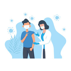 Flat Design Professional nurse or doctor giving antiviral injection to patient wear medical face mask at the Hospital. Vaccination, immunization, disease prevention concept from the Covid-19 virus.