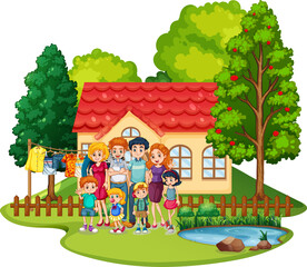 Happy family standing outside home isolated