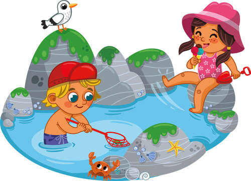 Two kids, a boy and a girl are having fun on the beach. Children summer vacation. Vector illustration.
