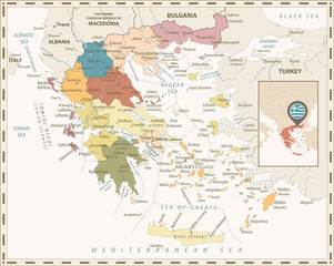Fototapeta na wymiar Greece Political Map Retro Colors