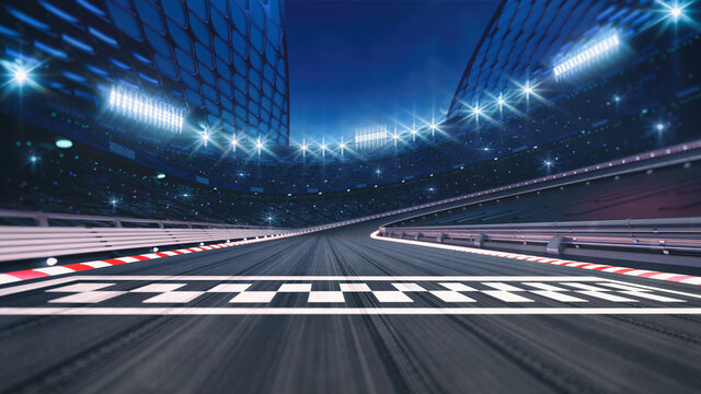 Asphalt racing track finish line and illuminated race sport stadium at night. Professional digital 3d illustration of racing sports.	