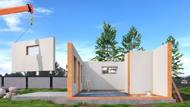 Process of construction modern modular house from composite sip panels. 3d illustration