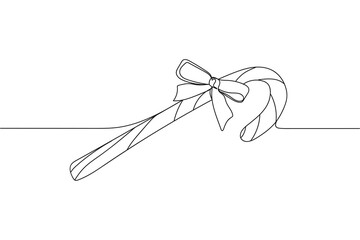 Continuous one line of christmas candy cane with bow in silhouette on a white background. Linear stylized.Minimalist.
