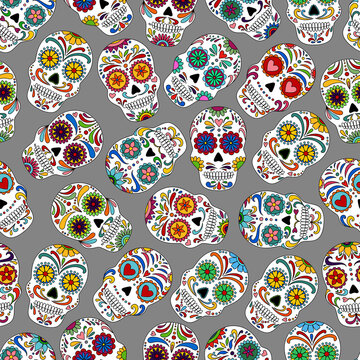 Day of the dead sugar skull pattern. Dia de los muertos print..Day of the dead and  mexican Halloween. Mexican tradition  festival.  Dia de los Muertos tattoo skulls on black background.

