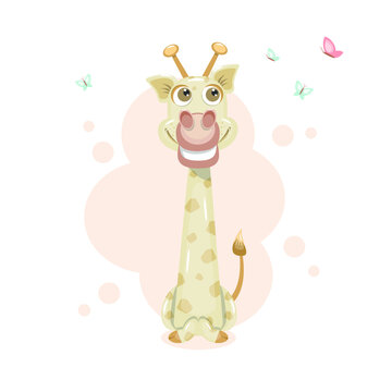 cheerful little giraffe with butterflies