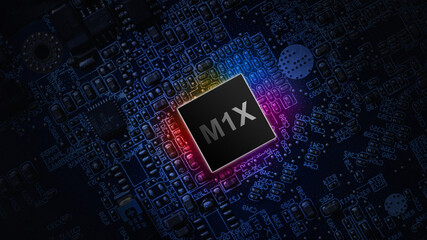M1X processor chip. Network digital technology with computer cpu chip on dark motherboard background. Protect personal data and privacy from hacker cyberattack.