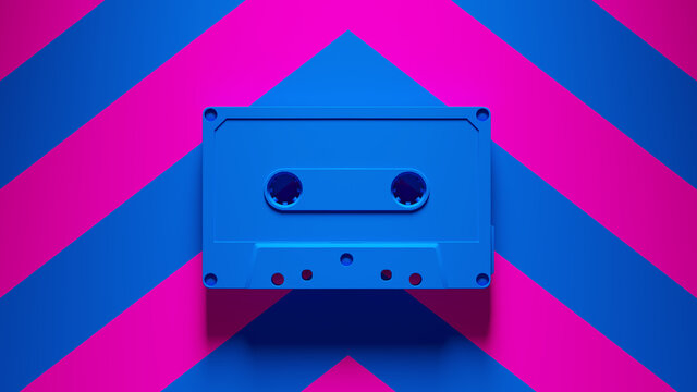 Blue Cassette Tape Old Retro Audio Music with Pink an Blue Chevron Pattern Background 3d illustration render	