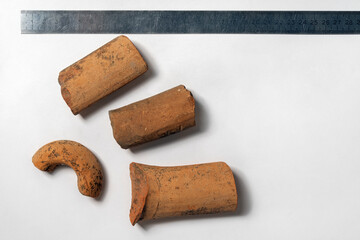 Some peices of clay aged-damaged ceramic artefacts found during the archaeological excavations...
